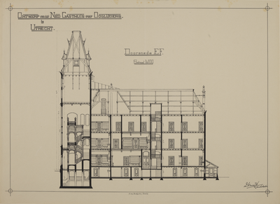 217258 Doorsnede van het Ooglijdersgasthuis (F.C. Dondersstraat 49) te Utrecht.N.B. Het adres F.C. Dondersstraat 49 is ...